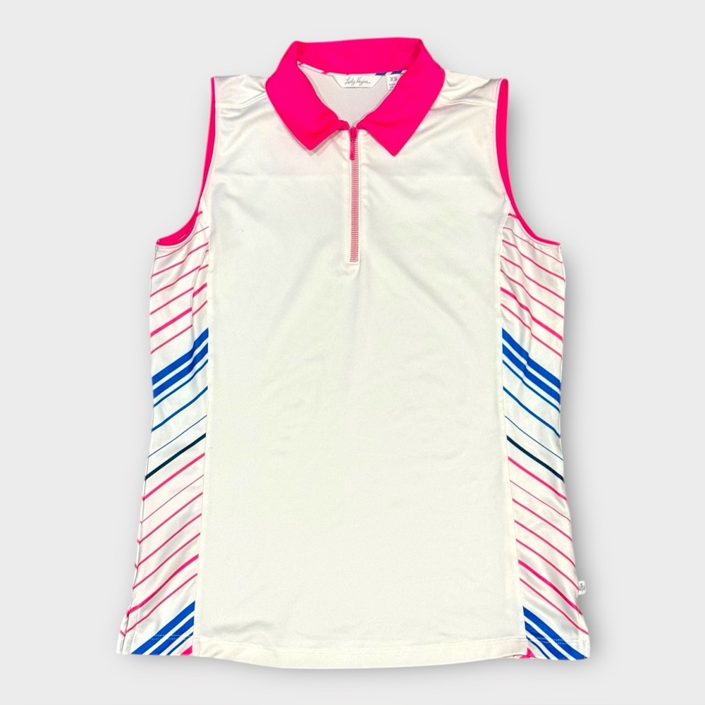 Lady Hagen Womens XS Sleeveless Golf Polo Shirt Quarter Zip Pink White Striped